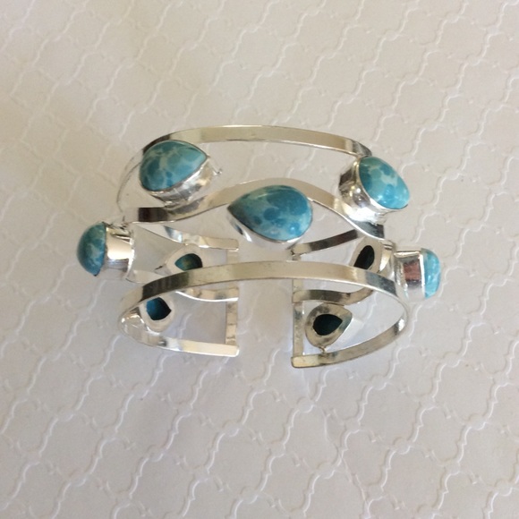 Sterling Silver 925 Caribbean Larimar Cuff Bracelet - Picture 3 of 6